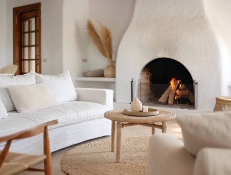 A white sofa with pillows sits in front of a fireplace with a fire burning. A round coffee table sits between the sofa and a chair, and a rug covers the floor.の素材