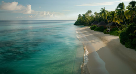 An aerial view of a pristine tropical island beach with clear blue water. Lush green palm trees and vegetation surround a sandy beach and a small wooden hut. The crystal clear water is a vibrant turquoise blue, reflecting the bright sunlight.の素材