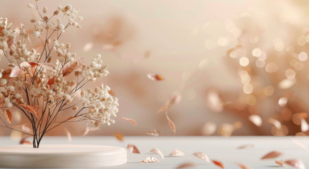 A white flower arrangement sits on a pedestal with falling petals against a blurred background.の素材