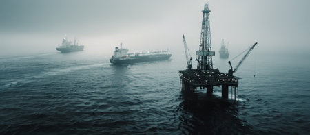 A large oil rig sits in the middle of the ocean on a foggy day. ships Three are seen in the distance, one of them a tanker ship.の素材