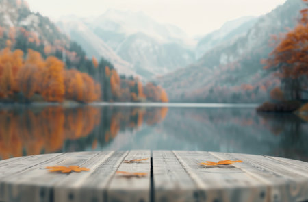 A wooden dock extends over a calm lake, with fall foliage in the background. The mountains beyond the lake are covered in a soft mist, adding to the peaceful atmosphere.の素材