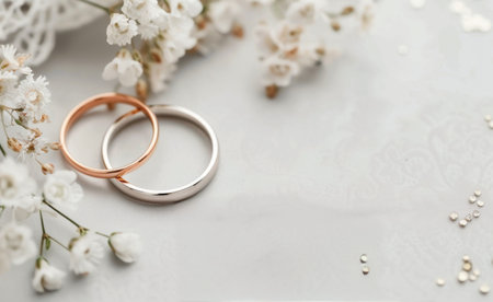 A white card with a pink ribbon and two gold wedding bands on top. The card is surrounded by pink and white flowers, and gold confetti.の素材