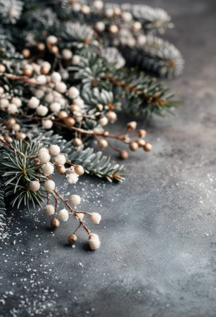 A white Christmas ornament with a gold top sits on a table with pine branches, pinecones, and a dusting of snow. Blurry lights are visible in the background.の素材