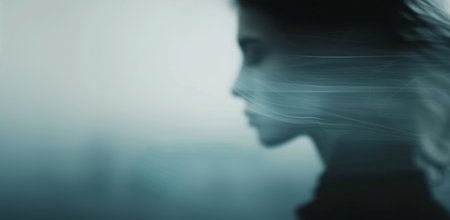 A woman walks through a thick fog, her figure is barely visible. The fog swirls around her, obscuring her details.の素材