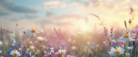 A field of wildflowers is bathed in soft, golden light. The delicate flowers are in full bloom, creating a beautiful and serene scene.の素材