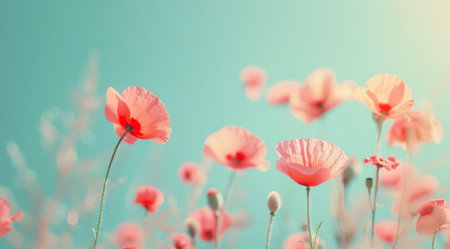 Pink poppies bloom in a field under a blue sky.の素材