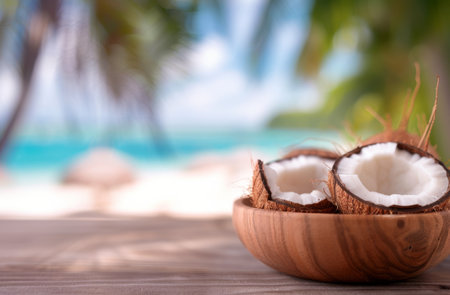 Coconuts sit on a wooden surface, with a tropical beach in the background. Palm trees blur in the distance as the ocean shines brightly in the sunshine.の素材