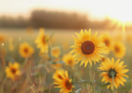 Sunlight filters through a field of sunflowers, their yellow petals glowing in the warm light. Tiny specks of light dance in the air, creating a magical atmosphere.の素材