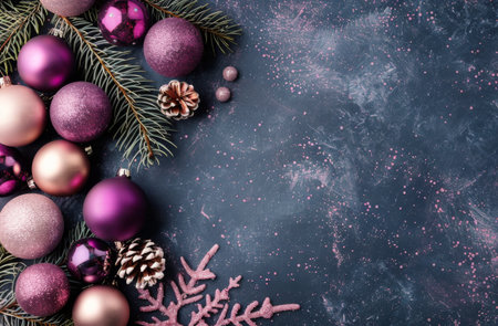 Pink and purple Christmas ornaments, pine branches, and a snowflake decoration are arranged on a blue background.の素材