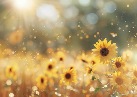Sunlight filters through a field of sunflowers, their yellow petals glowing in the warm light. Tiny specks of light dance in the air, creating a magical atmosphere.の素材