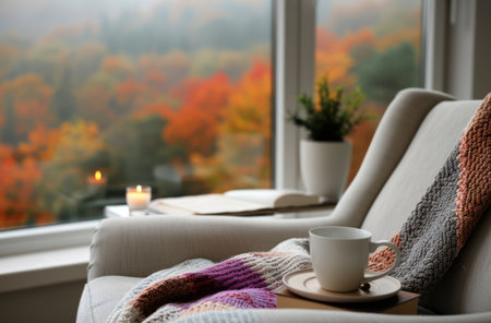 A white armchair draped with a colorful striped throw sits near a window with a view of fall foliage. A lit candle rests on a wooden side table beside a book.の素材