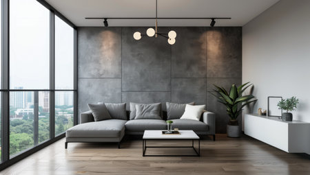 A modern living room with a gray couch, a matching armchair, a wooden coffee table, and a potted plant. The room features a large window overlooking a cityscape, and there are three pendant lights hanging from the ceiling. The floor is hardwood.の素材