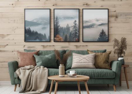 A green velvet sofa with orange throw pillows sits in a modern living room, featuring three framed abstract mountain paintings with red suns on a wood wall.の素材