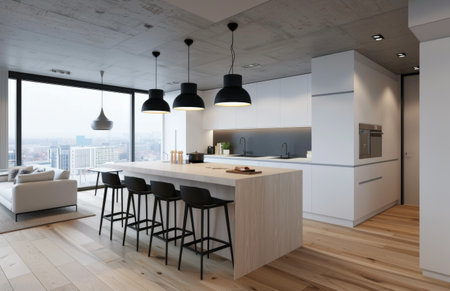 Modern kitchen with white cabinets, concrete ceilings, and city skyline views. Island with white top, black pendant lights, and dining area with black chairs near windows overlooking urban landscapeの素材