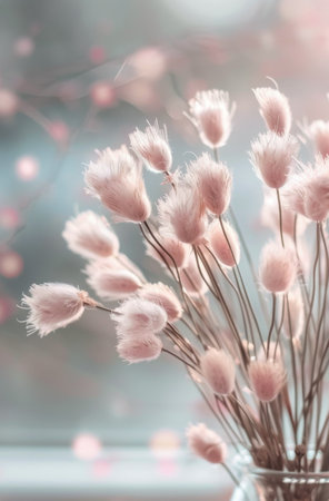 A bouquet of pink bunny tail grass in a glass vase sits against a soft, out-of-focus background.の素材