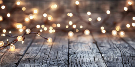 A wooden table with a blurred background of string lights strung against a weathered wooden wall.の素材