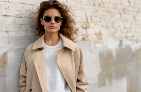 A woman with long, dark hair and wearing white sunglasses and a light beige coat stands against a white wall.の素材