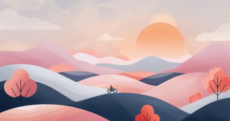 A white church sits atop a hill overlooking a valley filled with rolling hills and colorful trees. The sun shines brightly in the sky, casting a warm glow over the scene.の素材