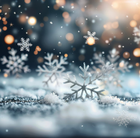 Snowflakes fall gracefully through the air, landing on a bed of fresh snow. The background is blurred with bokeh lights, creating a magical and festive ambiance.の素材