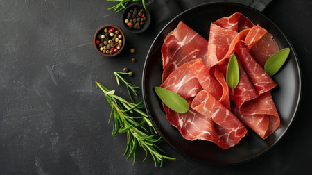 A close-up of thinly sliced prosciutto arranged on a black plate. Fresh rosemary sprigs and peppercorns are scattered nearby, adding to the visual appeal of the appetizing dish.の素材