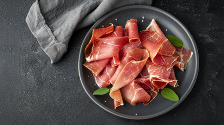 Sliced prosciutto arranged on a gray plate with a sprig of rosemary. The plate sits on a dark gray surface.の素材