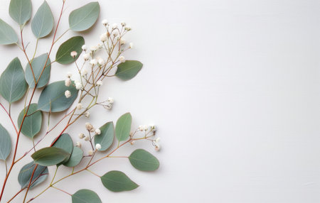 Green eucalyptus leaves and white baby's breath sprigs arranged on a white background.の素材