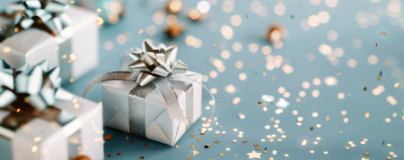 A close-up shot of silver gift boxes with white bows and ribbon on a blue background. The boxes are surrounded by small, sparkly confetti. In the background, there are blurry white and gold lights, creating a festive and magical atmosphere.の素材