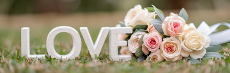 Wooden 'LOVE' letters lie before a bunch of pink roses. The rustic, distressed letters contrast with the bright, beautiful blooms. The soft background shows blurred green foliageの素材