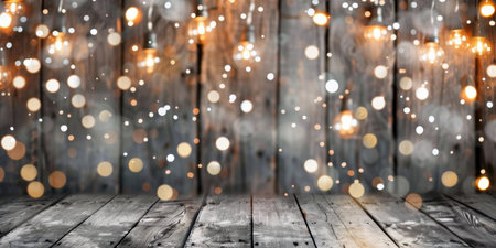 A wooden tabletop sits in front of a blurred background of sparkling lights and falling snow.の素材