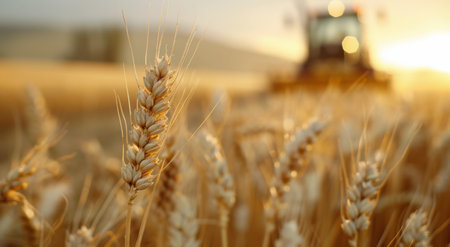 A close-up of a single stalk of wheat in a field at sunset. A tractor is in the background, blurred by the golden light.の素材