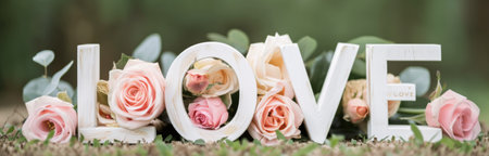 White wooden letters spelling LOVE are surrounded by pink roses and greenery.の素材