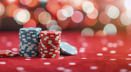 Stacks of casino chips sit on a red felt table, with a blurred background of festive lights.の素材