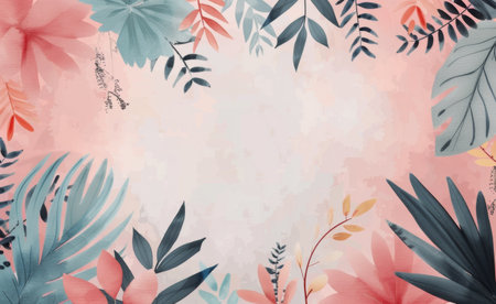 Pink and green foliage with abstract watercolor designs. The illustration is a delicate and soft design.の素材