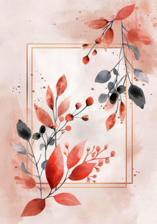 Red and black watercolor leaves with a gold frame on a white background.の素材