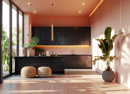 A kitchen setting with a sizable potted plant positioned next to a sink.の素材
