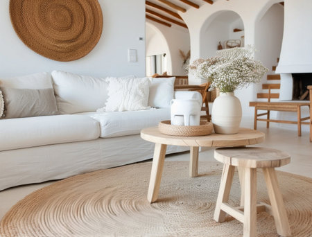 A white couch with pillows sits in front of a large wicker wall hanging. A wooden coffee table with a round woven tray sits in front of the couch, and a small stool sits next to it. The floor is covered in a woven rug. White flowers in a vase sit on the table.の素材