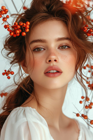 A woman with long hair, placing bright red berries in her hair.の素材