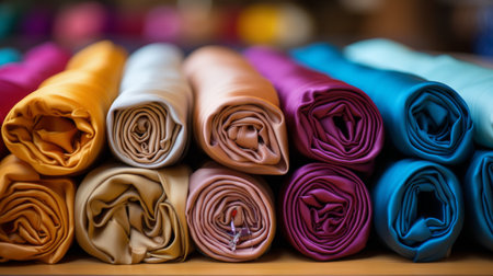 A variety of colorful fabric swatches neatly arranged on a table, showing different textures and patterns.の素材