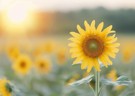A field of sunflowers basks in the warm light of the setting sun. The flowers are in full bloom, their yellow petals reaching towards the sky. The background is a soft blur of green and yellow, creating a peaceful and serene scene.の素材