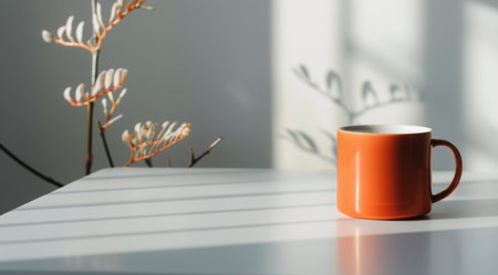 An orange mug sits on a white table next to a glass vase with sprigs of berries. Sunlight streams through a window in the background.の素材