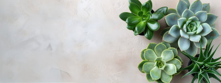 Succulents in white pots are arranged on a gray background. The succulents are all different varieties and sizes, and they are all in focus. The image is taken from a high angle, and the light is soft and diffused.の素材