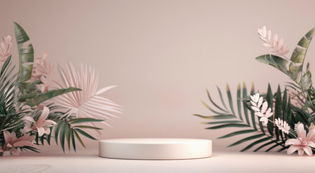 A white platform sits in front of a pink background, surrounded by lush green and pink tropical foliage.の素材