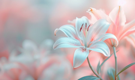 A close-up shot of a single white lily flower in bloom, with soft, blurred pink and green tones in the background. The lily's petals are open wide, showing its red stamen.の素材