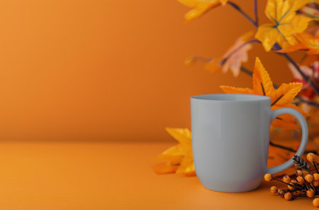 A white coffee mug sits on a white table with orange fall foliage and yellow berries in the background.の素材