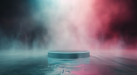 A black cylinder stands on a reflective surface, surrounded by swirling pink and blue fog. The lighting creates a dramatic and mysterious atmosphere.の素材