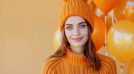 A woman wearing an orange sweater and a brown hat smiles in front of a yellow wall with balloons.の素材
