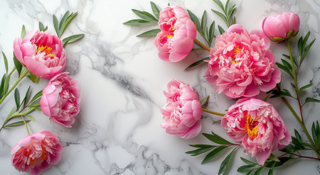 A flat lay photo of pink peonies arranged on a white marble surface with green leaves.の素材