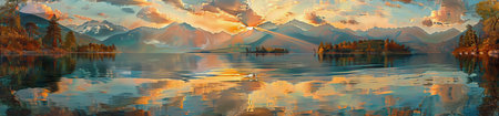A panoramic view of a lake with mountains in the background, showcasing a stunning sunset with vibrant clouds reflecting in the water.の素材