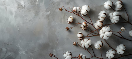 White cotton flowers arranged on a solid gray surface, showing natural beauty in a minimalist setting.の素材