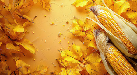 A single ear of corn on the cob placed on a vibrant yellow surface, showing its fresh and ripe kernels.の素材
